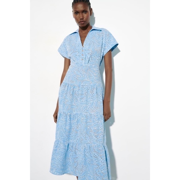 ZARA Embroidered Eyelet Lace Dress Light Blue White Tiered Midi Summer X-Small - Picture 5 of 16